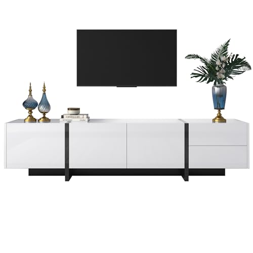 kubeier Modernes Design TV-Schrank,TV-Schränke, TV-Lowboard mit farbblockierung Beinen in Hochglanz-Weiß und Schwarz, Fernsehschrank, Fernsehtisch, Kommoden mit Türen und Schubladen von kubeier