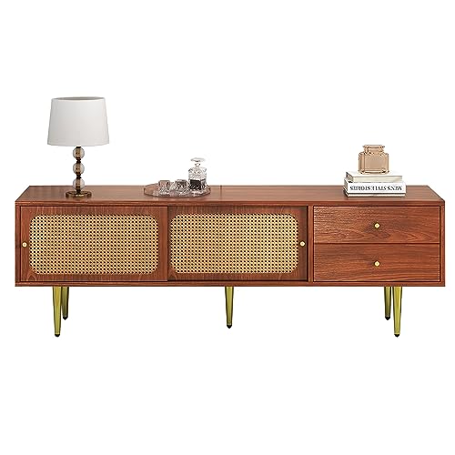 kubeier TV Lowboard Vintage, TV Schrank Holz 160 cm mit Rattan-Schiebetüren und praktischen Schubladen, Lowboard Schrank TV Tisch Sideboard Kommode für Wohnzimmer Schlafzimmer von kubeier