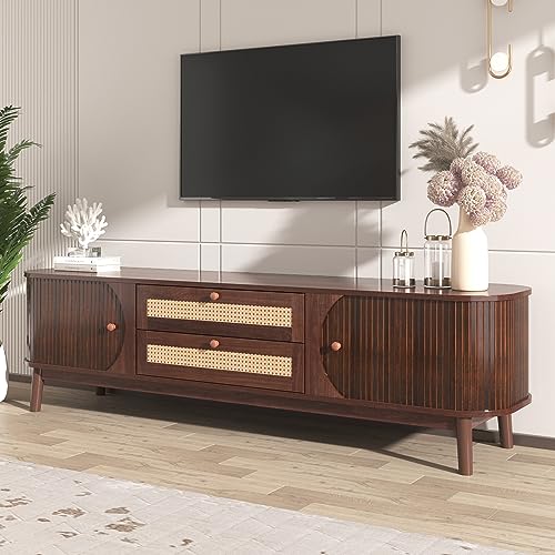 kubeier TV Lowboard Vintage, TV Schrank Holz 170 cm Natürlicher Holz-Blend TV-Schrank mit Türen und Schubladen, TV-Ständer mit Rattanseiten für Wohnzimmer Esszimmer Landhaus von kubeier