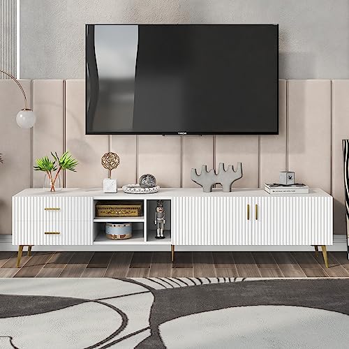 kubeier TV-Schrank, Lowboard für Fernseher bis zu 75 Zoll, TV-Ständer Fernsehtisch mit 2 Schubladen, 3 offenen Fächern, Wohnzimmer, Medienkonsole, 180 cm lang, weiß von kubeier