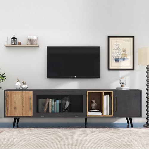 kubeier TV-Schrank, Lowboard für Fernseher bis zu 90 Zoll, TV- Bank Sideboard Lowboard Wohnwand mit Füße und 2 Türen, Glas in der Mitte, Industrie Design Fernsehtisch für Wohnzimmer Schlafzimmer von kubeier