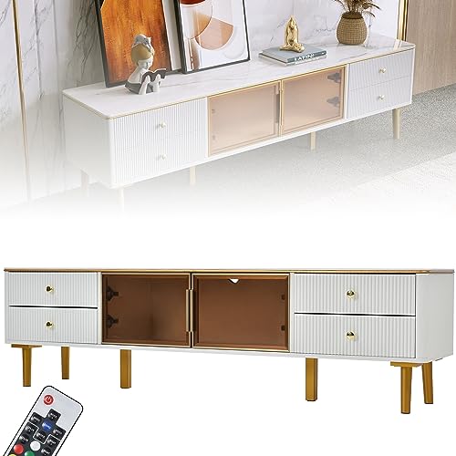 kubeier TV-Schrank, TV-Lowboard im modernen Stil, TV Schrank in Mamoroptik, 4 Strukturierte Schubladen mit Goldenen Griffen und Zwei Braune Türen aus Gehärtetem Glas von kubeier