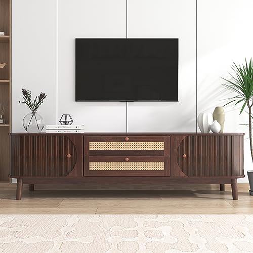 kubeier TV-Schrank-Natürlicher Holz-Blend TV-Schrank mit Türen und Schubladen. TV-Ständer mit Rattanseiten. Aufbewahrungslösung, Natürlicher Landhausstil 170 L x 39,5 B x46 H(cm) von kubeier