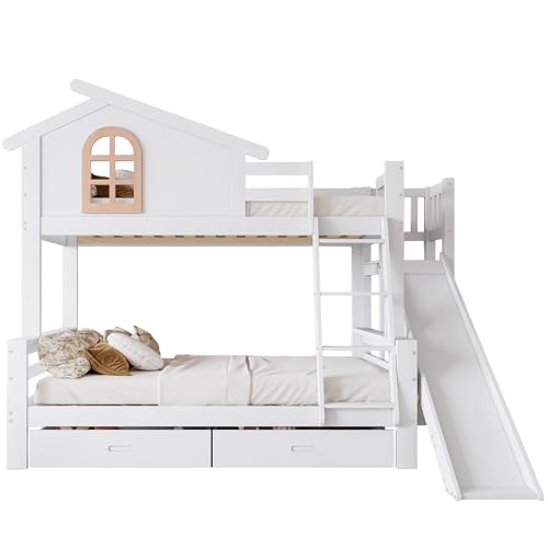 kubeier Weiss Kinderbett Etagenbett Massivholz Hochbett Spielbett Stockbett 90x200cm | 120x200cm mit Rutsche und Leiter, Hochbett für Kinder mit Zwei Schubladen für Jungen & Mädchen von kubeier