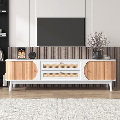 kubeier Wohnzimmerwandsystem, Natürlicher Holz-Blend TV-Schrank mit Türen und Schubladen, Kommoden TV-Ständer mit Rattanseiten, Natürlicher Landhausstil (Weiß) von kubeier