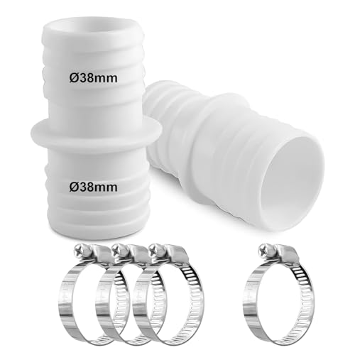 2 Stück Schlauchverbinder Adapter 38mm auf 38mm, Poolschlauch Adapter mit 8 Edelstahl Schlauchschellen, Doppelschlauchtülle für 38mm auf 38mm Anschlüsse(Weiß) von kudmwcc