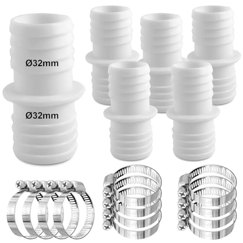 6 Stück Schlauchverbinder Adapter 32mm auf 32mm, Poolschlauch Adapter mit 12 Edelstahl Schlauchschellen, Doppelschlauchtülle für 32mm auf 32mm Anschlüsse(Weiß) von kudmwcc