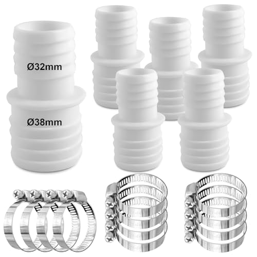 6 Stück Schlauchverbinder Adapter 32mm auf 38mm, Poolschlauch Adapter mit 12 Edelstahl Schlauchschellen, Doppelschlauchtülle für 32mm auf 38mm Anschlüsse(Weiß) von kudmwcc