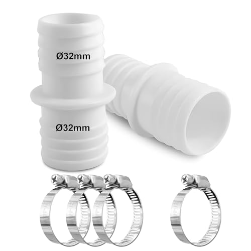 kudmwcc 2 Stück Schlauchverbinder Adapter 32mm auf 32mm, Poolschlauch Adapter mit 8 Edelstahl Schlauchschellen, Doppelschlauchtülle für 32mm auf 32mm Anschlüsse(Weiß) von kudmwcc