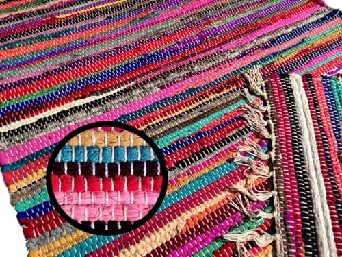 kufstein Bunter Teppich Handgewebt aus Indien Restbaumwolle Kelim in Diverse Größen, Größe Teppiche:120 x 060 cm von kufstein