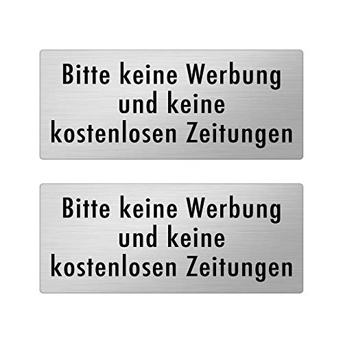 2 Stück Bitte keine Werbung, keine kostenlosen Zeitungen Schild - dauerhafte Lasergravur wetterfest - Edelstahl Optik gebürstet - Briefkastenschild selbstklebend inkl. 3M Aufkleber von kultdog