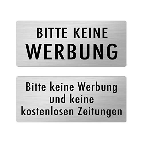 2 Stück Bitte keine Werbung, keine kostenlosen Zeitungen Schild - dauerhafte Lasergravur wetterfest - Edelstahl Optik gebürstet - Briefkastenschild selbstklebend inkl. 3M Aufkleber von kultdog