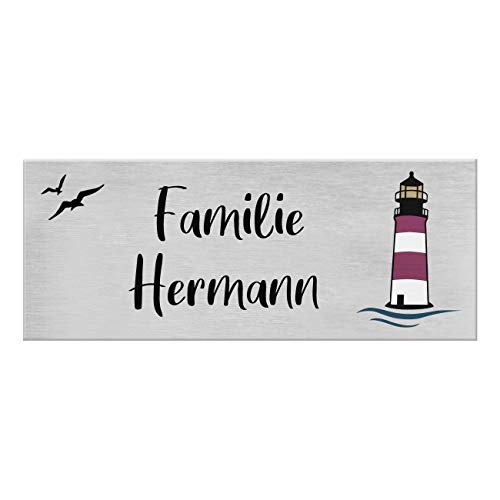 9 Motive, farbige Laserbeschriftung, UV- und witterungsbeständig - Edelstahl Briefkastenschild mit Gravur - Namensschild selbstklebend (3M) - Türschild personalisiert mit Namen - Leuchtturm von kultdog