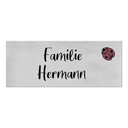 9 Motive, farbige Laserbeschriftung, UV- und witterungsbeständig - Edelstahl Briefkastenschild mit Gravur - Namensschild selbstklebend (3M) - Türschild personalisiert mit Namen - Marienkäfer von kultdog