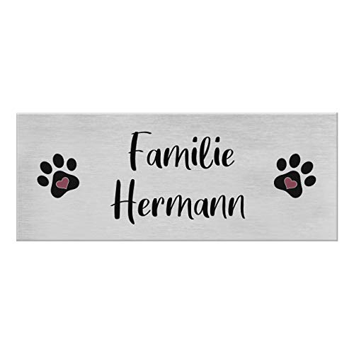 9 Motive, farbige Laserbeschriftung, UV- und witterungsbeständig - Edelstahl Briefkastenschild mit Gravur - Namensschild selbstklebend (3M) - Türschild personalisiert mit Namen - Pfote Herz von kultdog