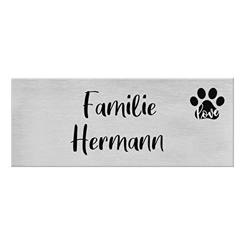 9 Motive, farbige Laserbeschriftung, UV- und witterungsbeständig - Edelstahl Briefkastenschild mit Gravur - Namensschild selbstklebend (3M) - Türschild personalisiert mit Namen - Pfote Love von kultdog