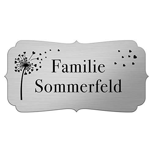 Briefkastenschild mit Gravur - Namensschild selbstklebend (3M) - Türschild personalisiert mit Namen - kratzfest, UV- und witterungsbeständig, Edelstahl Optik, Pusteblume mit Herzen von kultdog