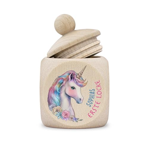 Dose erste Locke Mädchen modern Holz personalisiert Druck Name Einhorn von kultdog