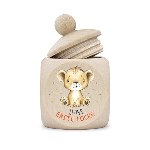 Dose erste Locke modern Holz personalisiert Druck Name Tier Löwe Koala Fuchs Bär Elefant Wildlife Junge von kultdog