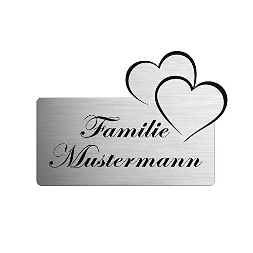 Namensschild personalisiert mit Gravur - Briefkastenschild in 4 Motiven erhältlich - Klingelschild in Edelstahl Optik - Geschenkidee für Frauen & Männer - Türschild ist selbstklebend - Herz von kultdog