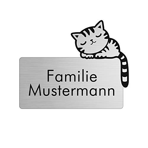 Namensschild personalisiert mit Gravur - Briefkastenschild in 4 Motiven erhältlich - Klingelschild in Edelstahl Optik - Geschenkidee für Frauen & Männer - Türschild ist selbstklebend - Katze von kultdog