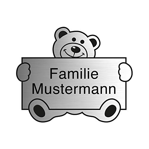 Namensschild personalisiert mit Gravur - Briefkastenschild in 4 Motiven erhältlich - Klingelschild in Edelstahl Optik - Geschenkidee für Frauen & Männer - Türschild ist selbstklebend - Teddy von kultdog