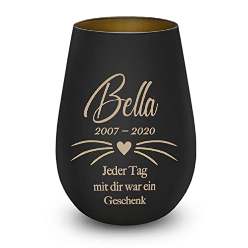 Trauerlicht Gedenklicht Andenken Windlicht Trauergeschenk Tod Erinnerung Teelichtglas Grablicht Kistallglas Katze schwarz Schnurrhaare mit Gravur Name und Datum von kultdog