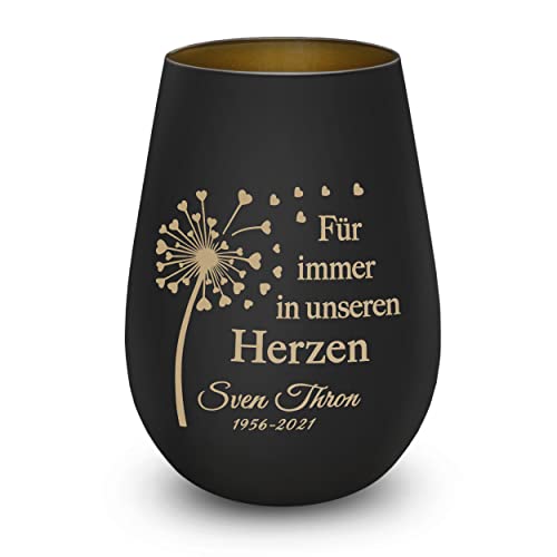 Trauerlicht Gedenklicht Andenken Windlicht Trauergeschenk Tod Erinnerung Teelichtglas Grablicht Kistallglas schwarz Pusteblume Herzen mit Gravur Name und Datum von kultdog