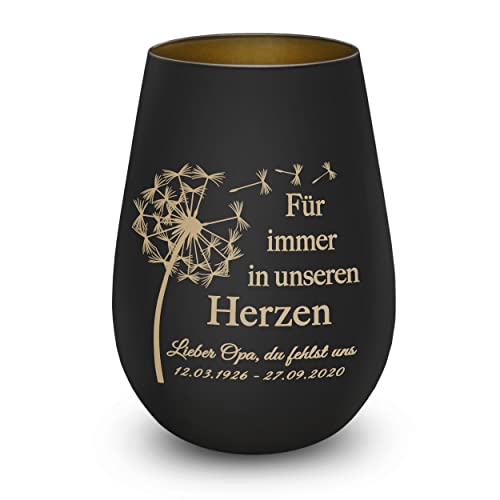 Trauerlicht Gedenklicht Andenken Windlicht Trauergeschenk Tod Erinnerung Teelichtglas Grablicht Kistallglas schwarz Pusteblume mit Gravur Name und Datum von kultdog