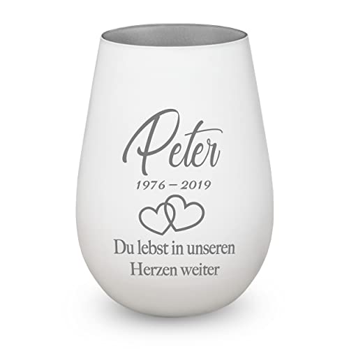 Trauerlicht Gedenklicht Andenken Windlicht Trauergeschenk Tod Erinnerung Teelichtglas Grablicht Kistallglas weiß Herzen mit Gravur Name und Datum von kultdog