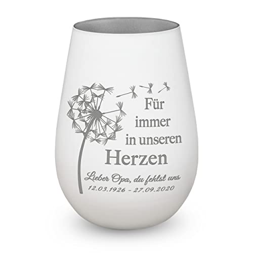 Trauerlicht Gedenklicht Andenken Windlicht Trauergeschenk Tod Erinnerung Teelichtglas Grablicht Kistallglas weiß Pusteblume mit Gravur Name und Datum von kultdog