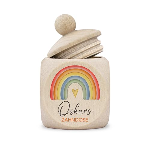 Zahndose Milchzähne Junge modern Dose Holz personalisiert Druck Name Regenbogen Aquarell bunt von kultdog
