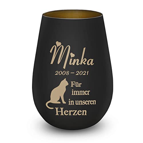 Trauerlicht Gedenklicht Andenken Windlicht Trauergeschenk Tod Erinnerung Teelichtglas Grablicht Kistallglas schwarz Katze mit Gravur Name und Datum von kultdog