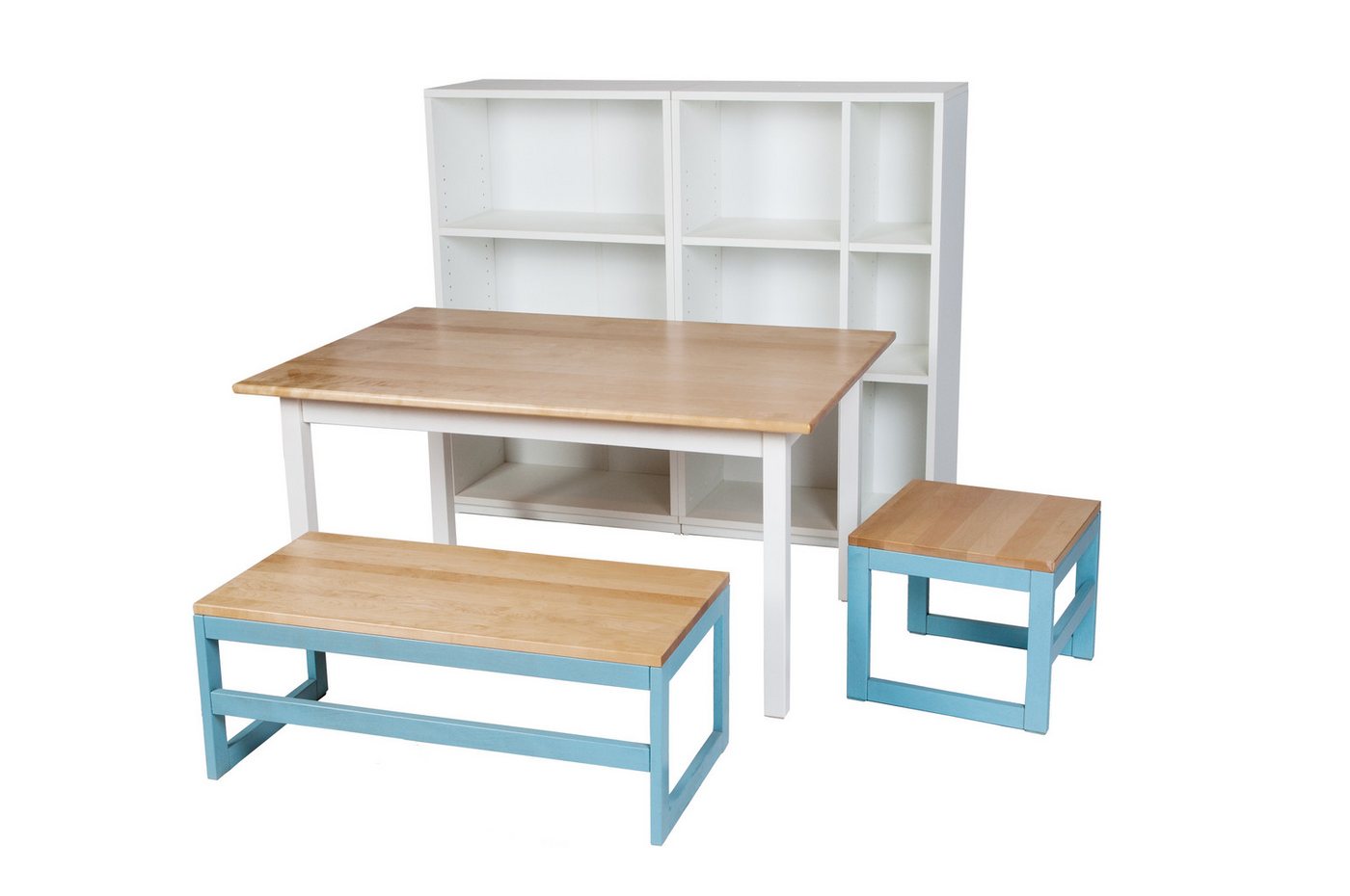 kundler home Kindersitzgruppe für Kita, Kindergarten, Kinderzimmer, Birke Massivholz, (5-er Set), best. aus 1 Kinderbank, 1 Kinderhocker, 1 Kindertisch, 2 Kinderregale von kundler home