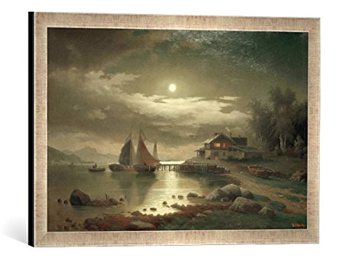 Gerahmtes Bild von 19. Jahrhundert Mondnacht am Sonje-Fjord, Kunstdruck im hochwertigen handgefertigten Bilder-Rahmen, 60x40 cm, Silber Raya von kunst für alle