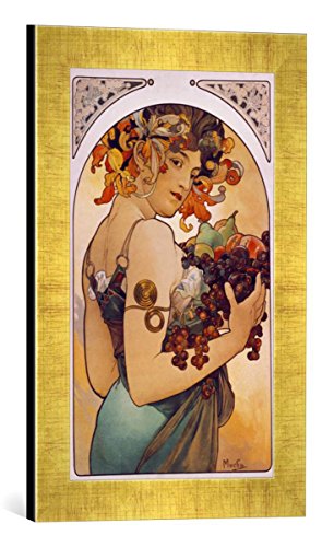 Gerahmtes Bild von Alfons Mucha Obst, Kunstdruck im hochwertigen handgefertigten Bilder-Rahmen, 30x40 cm, Gold Raya von kunst für alle