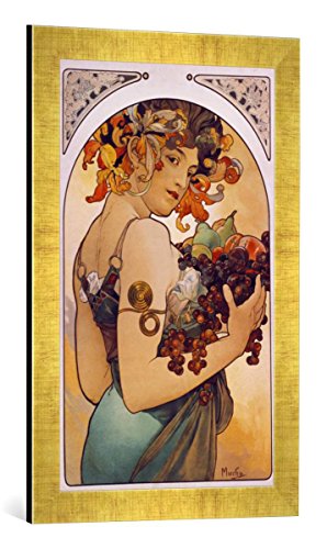 Gerahmtes Bild von Alfons Mucha Obst, Kunstdruck im hochwertigen handgefertigten Bilder-Rahmen, 40x60 cm, Gold Raya von kunst für alle