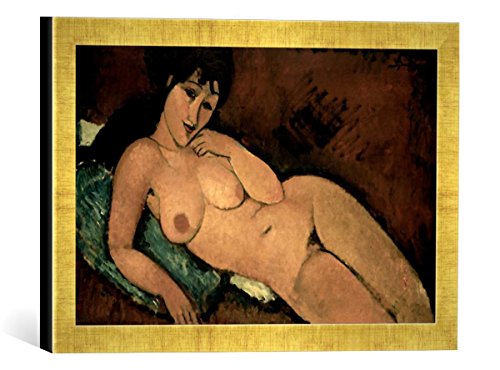 Gerahmtes Bild von Amedeo Modigliani Akt auf blauem Kissen, Kunstdruck im hochwertigen handgefertigten Bilder-Rahmen, 40x30 cm, Gold Raya von kunst für alle