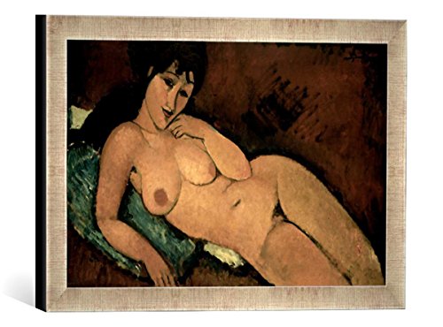 Gerahmtes Bild von Amedeo Modigliani Akt auf blauem Kissen, Kunstdruck im hochwertigen handgefertigten Bilder-Rahmen, 40x30 cm, Silber Raya von kunst für alle