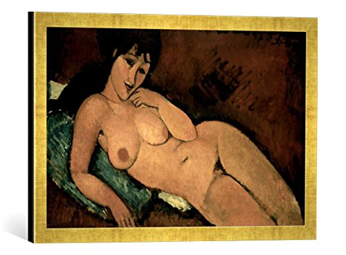 Gerahmtes Bild von Amedeo Modigliani Akt auf blauem Kissen, Kunstdruck im hochwertigen handgefertigten Bilder-Rahmen, 60x40 cm, Gold Raya von kunst für alle