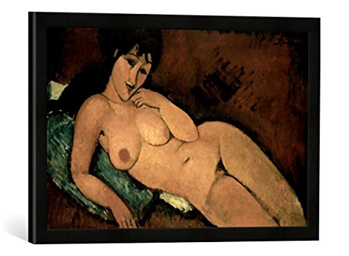 Gerahmtes Bild von Amedeo Modigliani Akt auf blauem Kissen, Kunstdruck im hochwertigen handgefertigten Bilder-Rahmen, 60x40 cm, Schwarz matt von kunst für alle