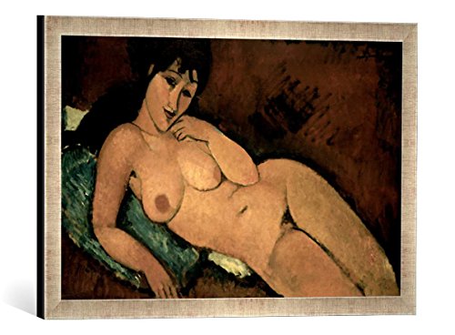 Gerahmtes Bild von Amedeo Modigliani Akt auf blauem Kissen, Kunstdruck im hochwertigen handgefertigten Bilder-Rahmen, 60x40 cm, Silber Raya von kunst für alle