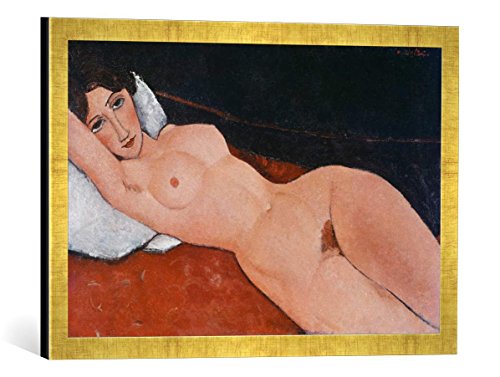 Gerahmtes Bild von Amedeo Modigliani Liegender Frauenakt auf weißem Kissen, Kunstdruck im hochwertigen handgefertigten Bilder-Rahmen, 60x40 cm, Gold Raya von kunst für alle