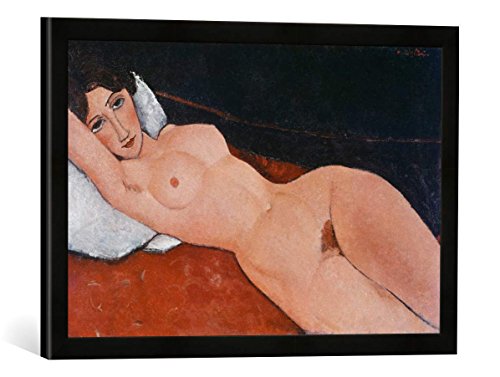 Gerahmtes Bild von Amedeo Modigliani Liegender Frauenakt auf weißem Kissen, Kunstdruck im hochwertigen handgefertigten Bilder-Rahmen, 60x40 cm, Schwarz matt von kunst für alle