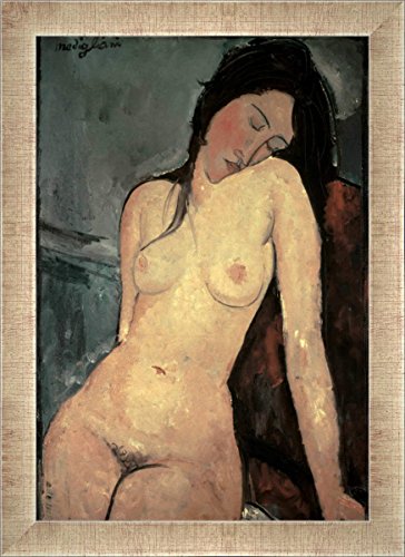 Gerahmtes Bild von Amedeo Modigliani Sitzender weiblicher Akt, Kunstdruck im hochwertigen handgefertigten Bilder-Rahmen, 40x60 cm, Silber Raya von kunst für alle