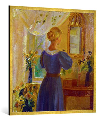 Gerahmtes Bild von Anna Ancher Frau vor dem Spiegel, Kunstdruck im hochwertigen handgefertigten Bilder-Rahmen, 100x100 cm, Gold Raya von kunst für alle