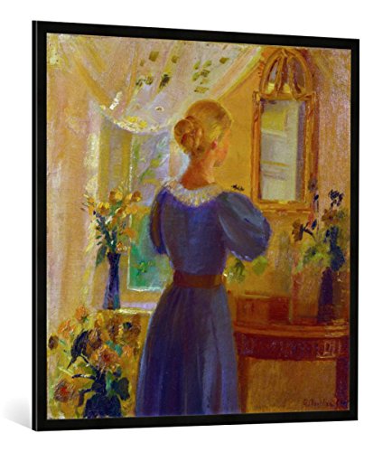 Gerahmtes Bild von Anna Ancher Frau vor dem Spiegel, Kunstdruck im hochwertigen handgefertigten Bilder-Rahmen, 100x100 cm, Schwarz matt von kunst für alle
