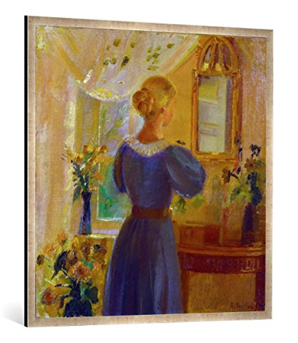 Gerahmtes Bild von Anna Ancher Frau vor dem Spiegel, Kunstdruck im hochwertigen handgefertigten Bilder-Rahmen, 100x100 cm, Silber Raya von kunst für alle