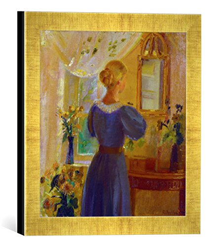 Gerahmtes Bild von Anna Ancher Frau vor dem Spiegel, Kunstdruck im hochwertigen handgefertigten Bilder-Rahmen, 30x30 cm, Gold Raya von kunst für alle