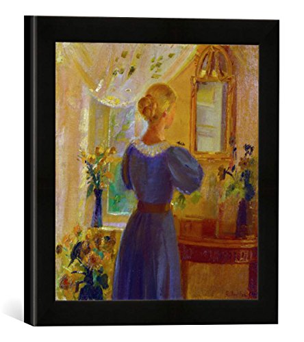 Gerahmtes Bild von Anna Ancher Frau vor dem Spiegel, Kunstdruck im hochwertigen handgefertigten Bilder-Rahmen, 30x30 cm, Schwarz matt von kunst für alle